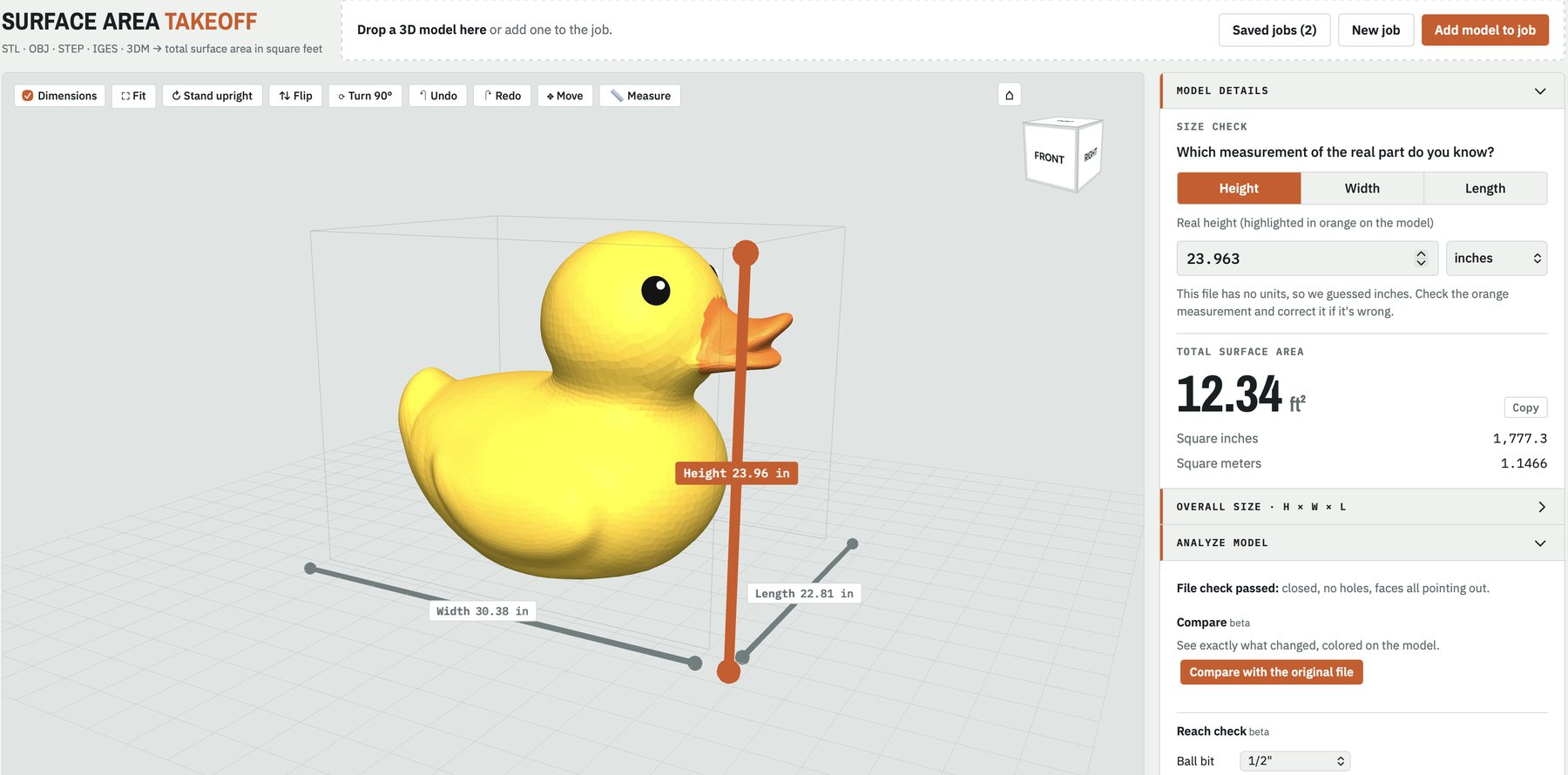 Modelnator with a yellow rubber duck loaded: height 23.96 in, width 30.38 in and length 22.81 in shown on the model, 12.34 square feet of surface area in the side panel.