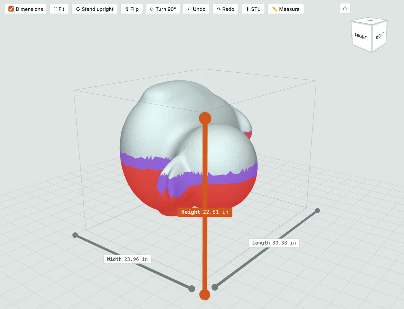 A reach check colors the lower half of the duck red for undercuts and purple for areas deeper than the bit reaches.
